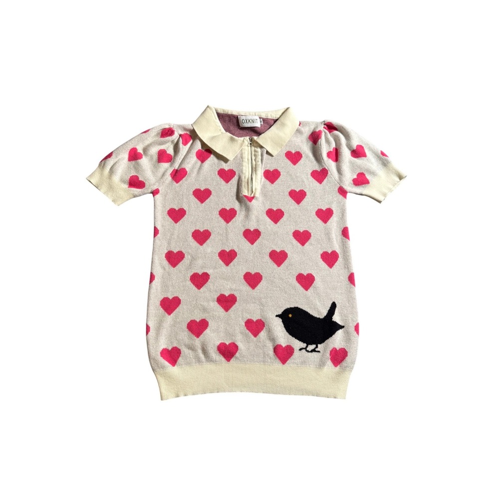 OXKNIT Womens Pink Heart Black Bird Knit Polo Shirt Quarter Zip Cream Size M